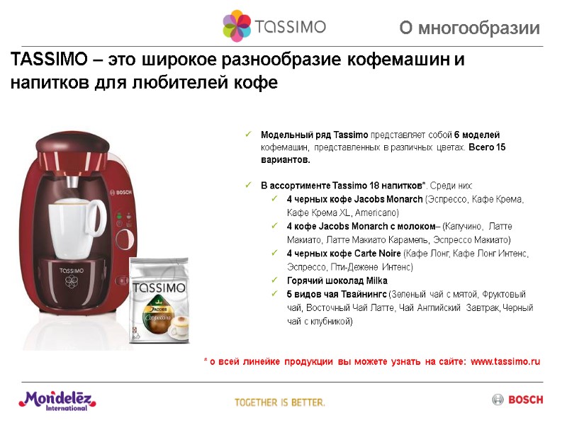 TASSIMO – это широкое разнообразие кофемашин и напитков для любителей кофе Модельный ряд Tassimo